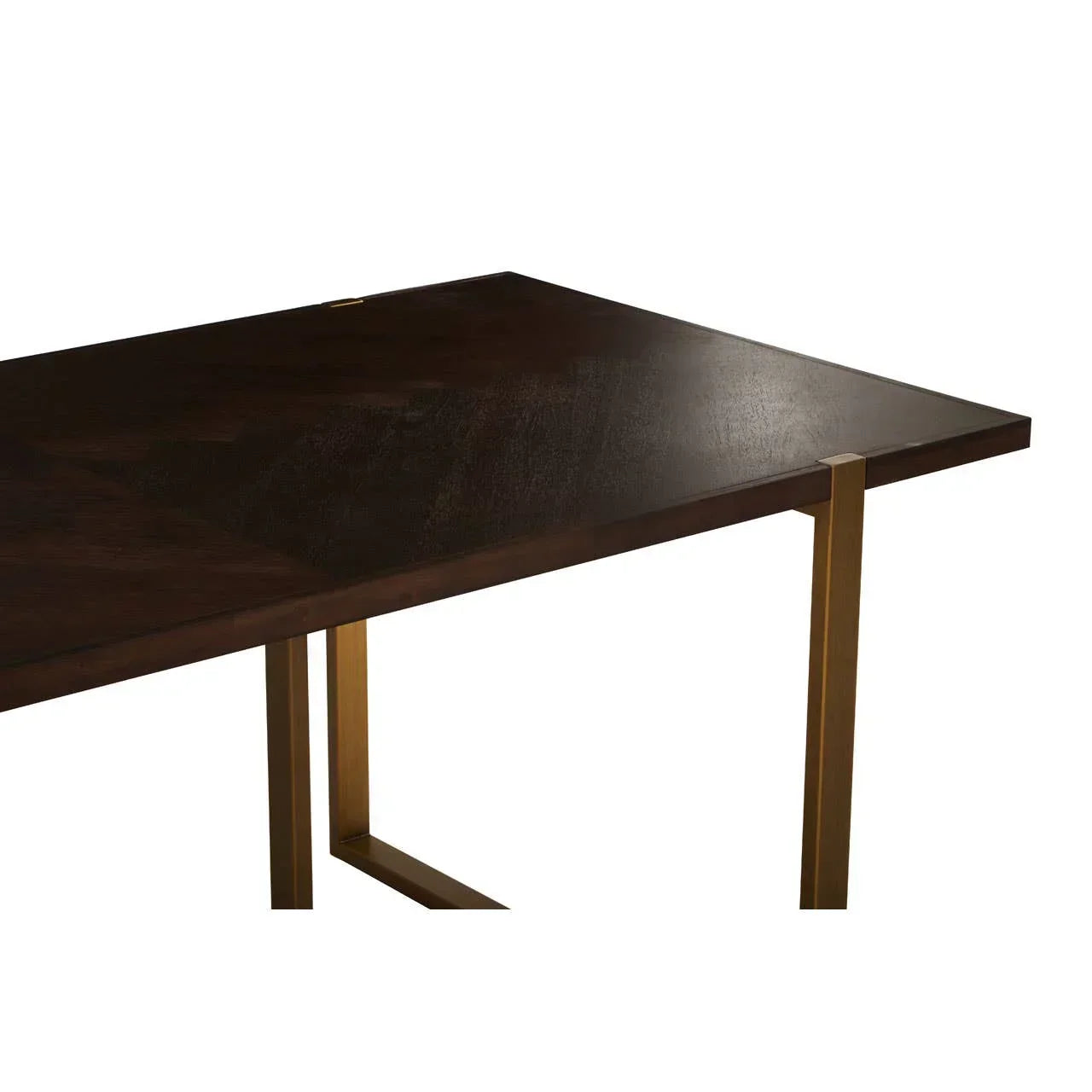 Rectangular dark wood dining table with gold metal legs, close-up view