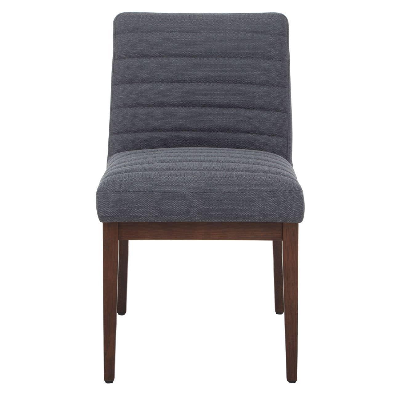 Dark grey fabric dining chair with horizontal stitching and wooden legs, front view