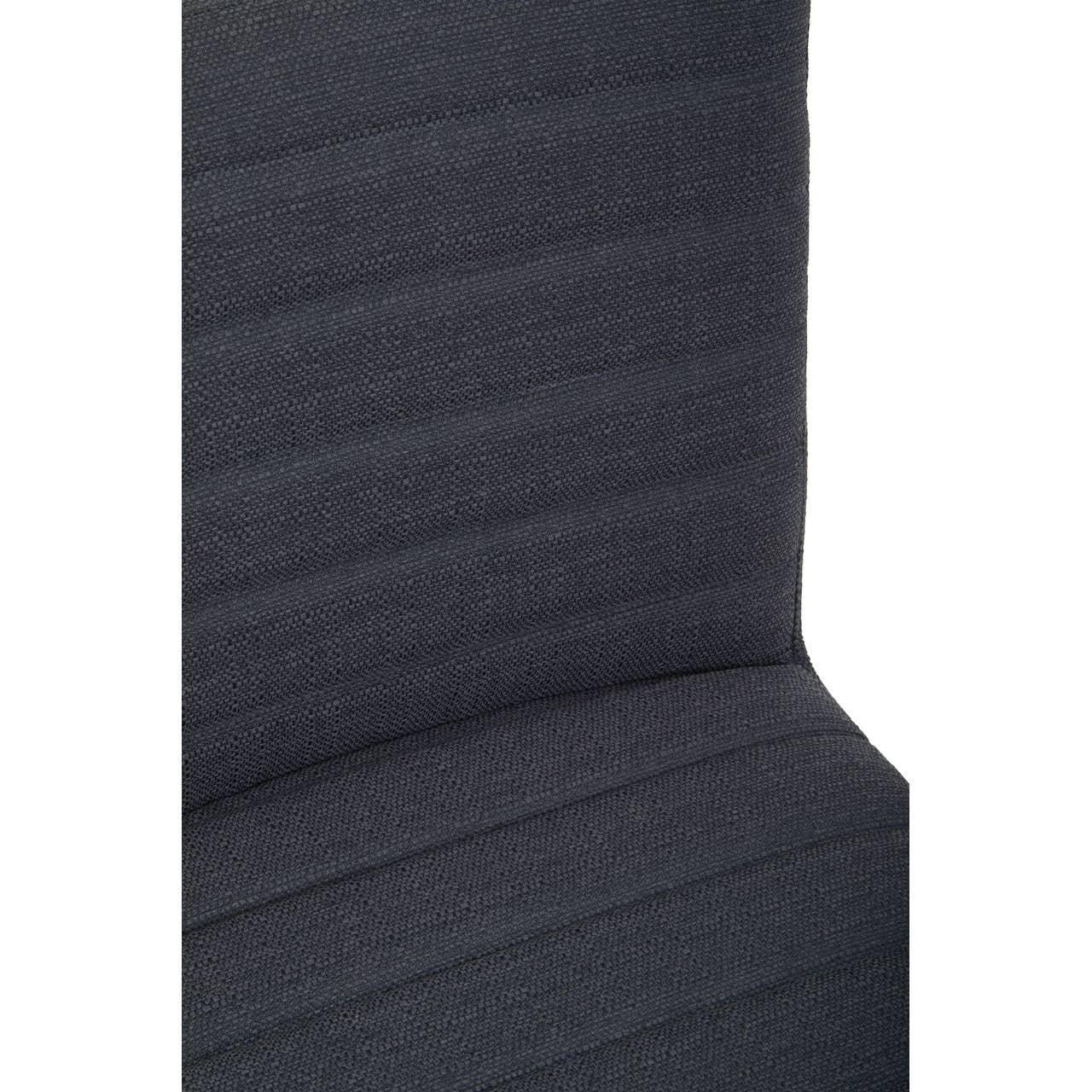 Close up of dark grey fabric dining chair with horizontal stitched detail