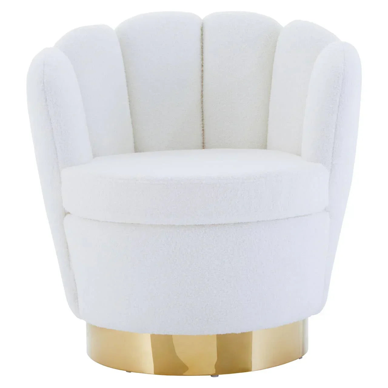 White scallop accent chair with boucle upholstery and gold metal base front view