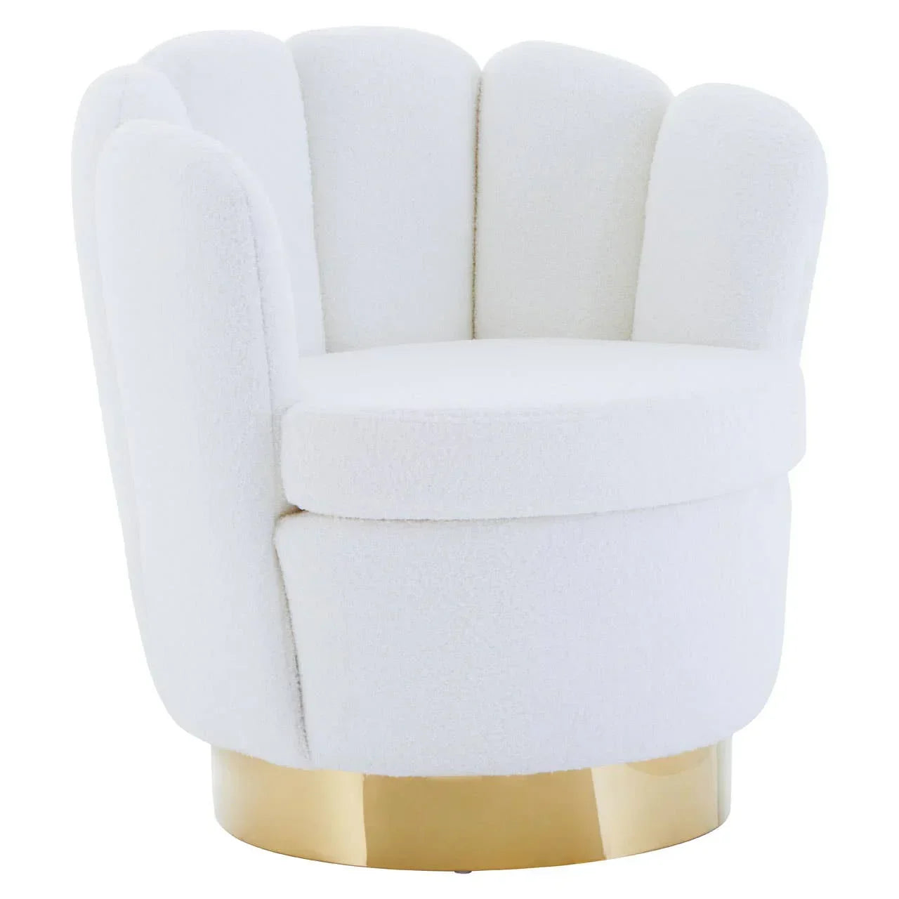 White boucle accent chair with gold metal base and scalloped backrest