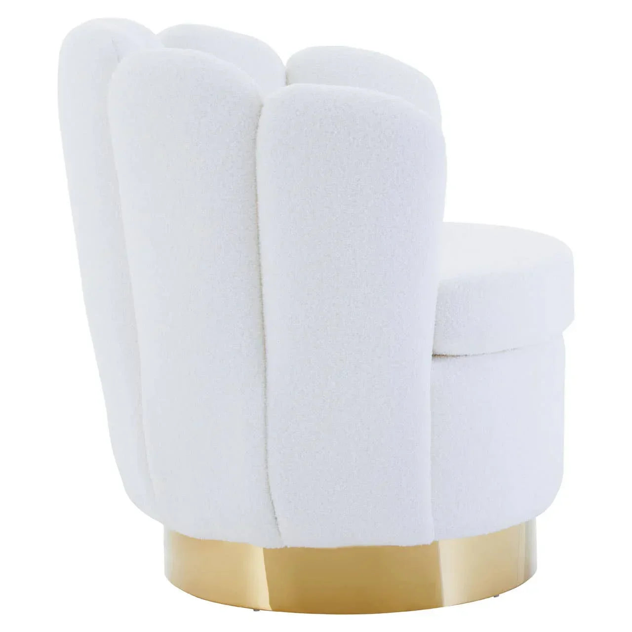 White accent chair with scalloped backrest and gold metal base, side angle view
