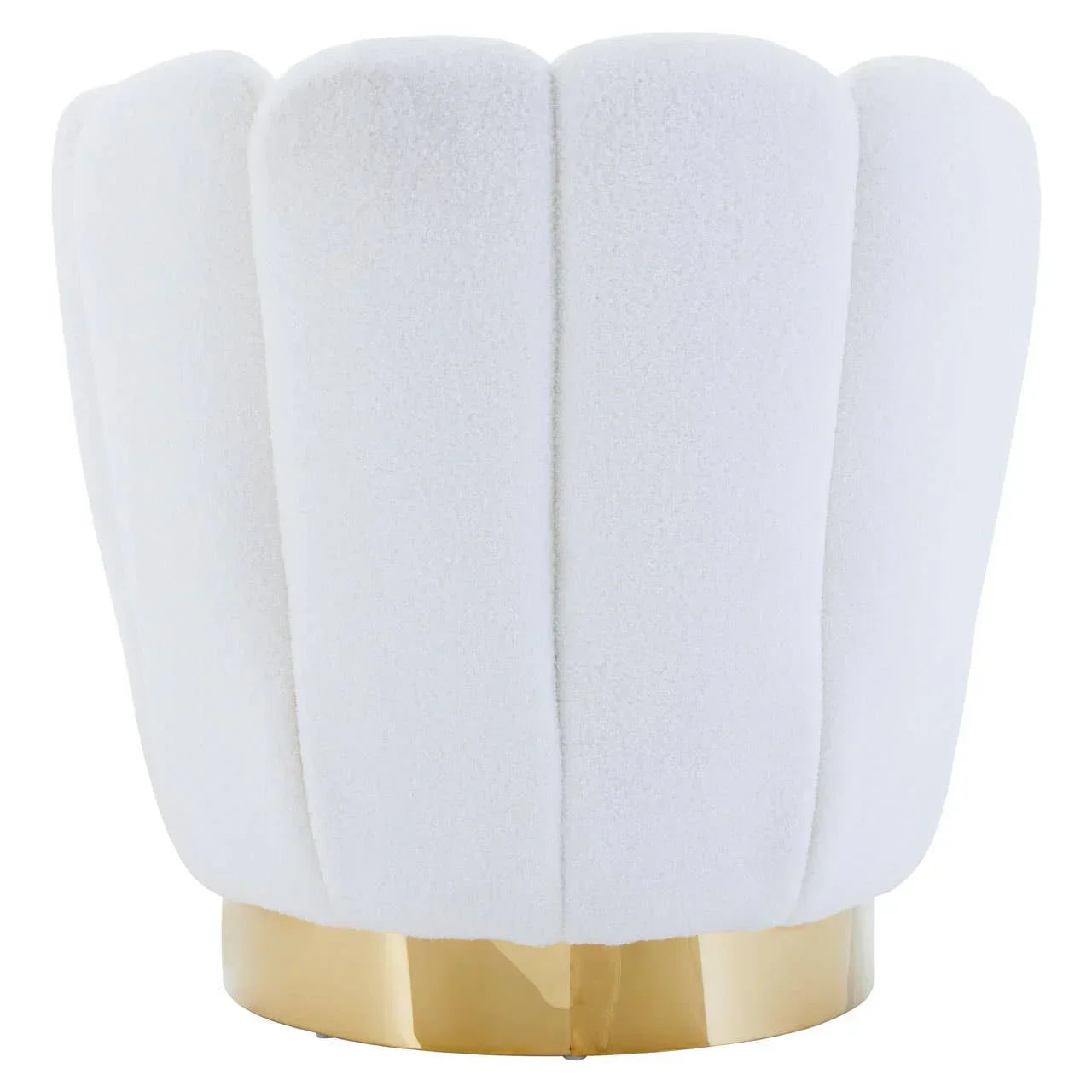 White scallop accent chair with gold metal base, back view