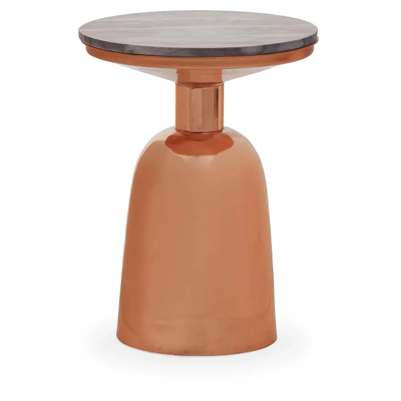 Copper side table with round grey marble top and glossy metal base, front angle view