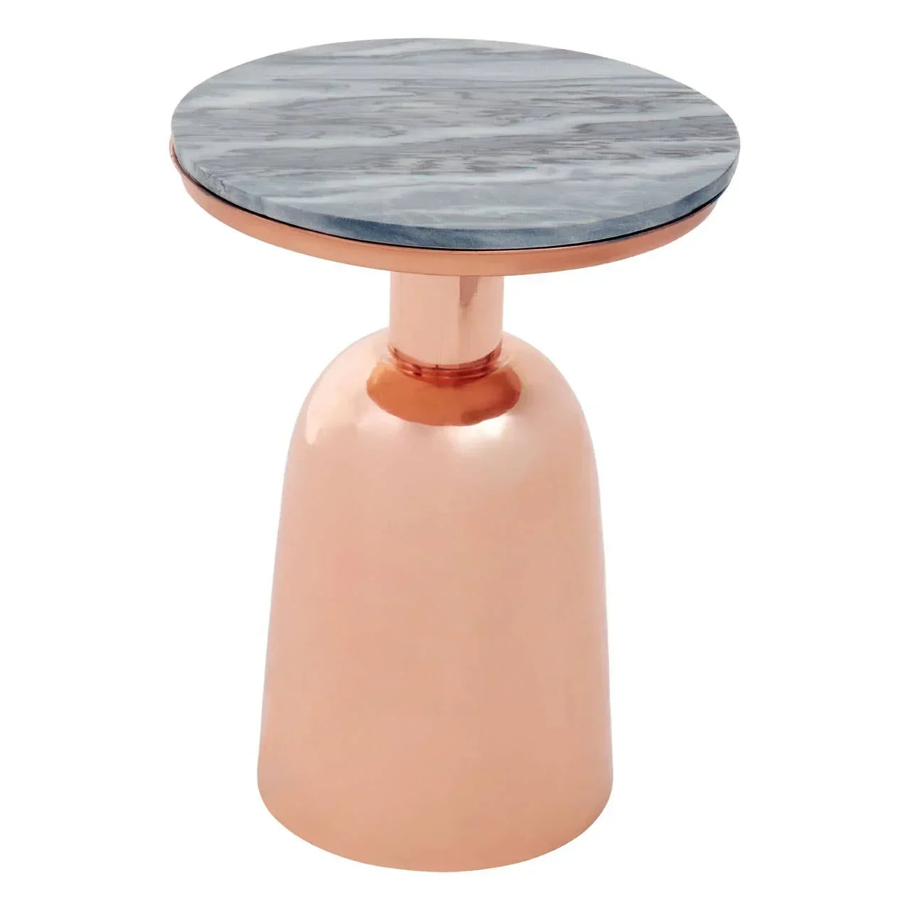 Marble top side table with copper metal base, round surface, modern furniture accent