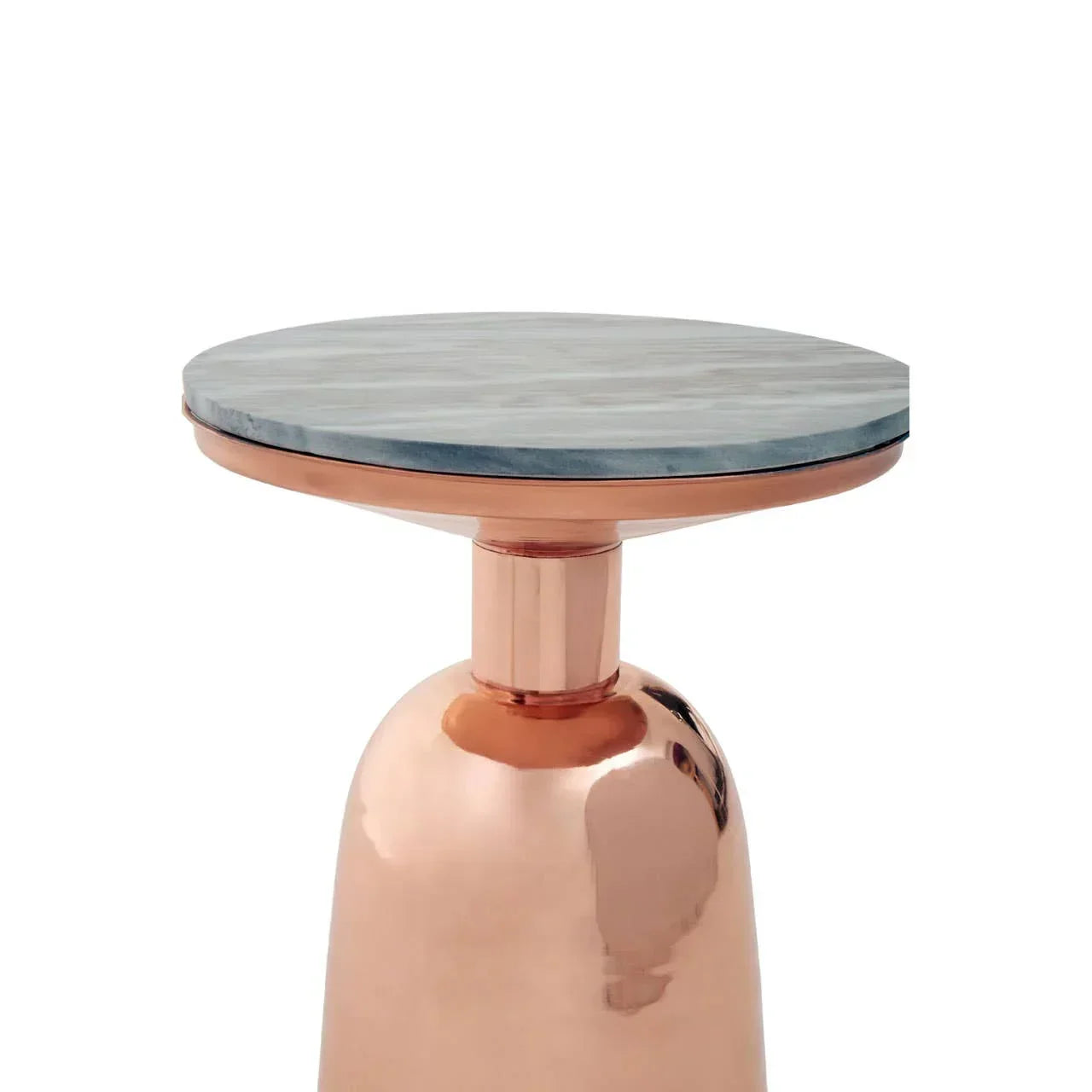 Round side table with marble top and copper metal base, close view of surface and base