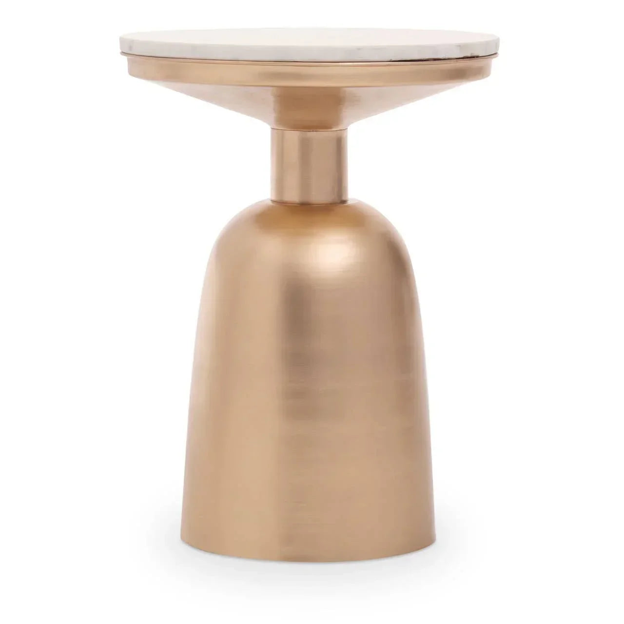 Gold side table with round marble top and brushed metallic base, front view