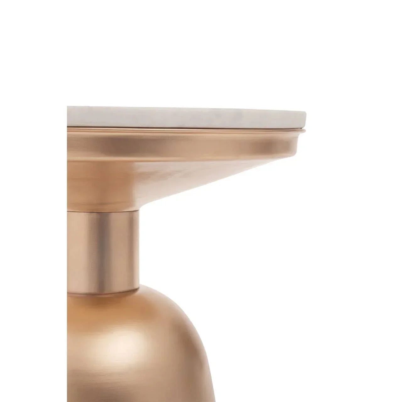 Closeup of marble top and brushed gold metal base on modern side table