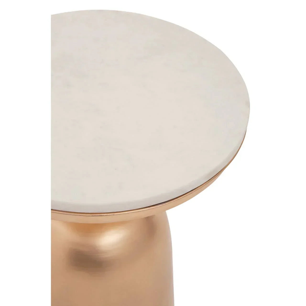 Round marble top side table with gold metal base, close-up of tabletop and edge