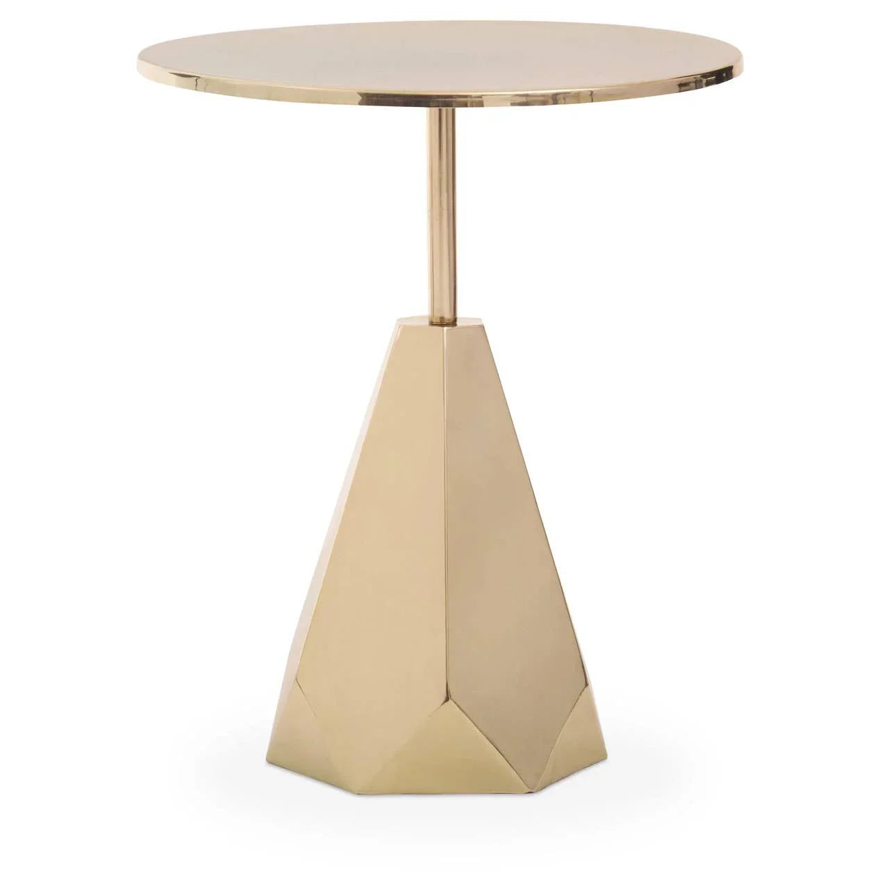 Gold metal side table with round top and faceted geometric base