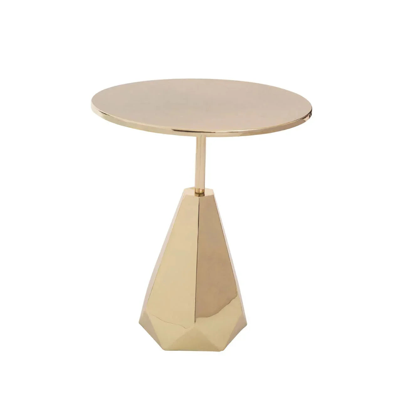 Gold metal side table with round top and faceted geometric base