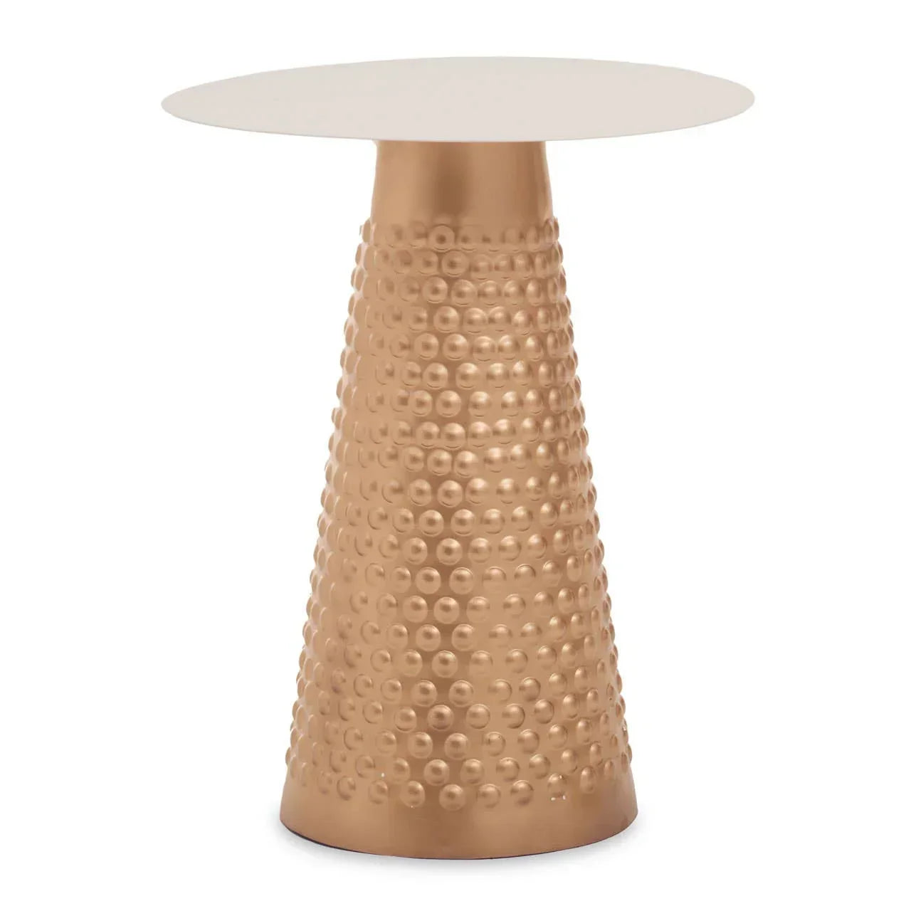 Round side table with textured gold metal base and smooth white top