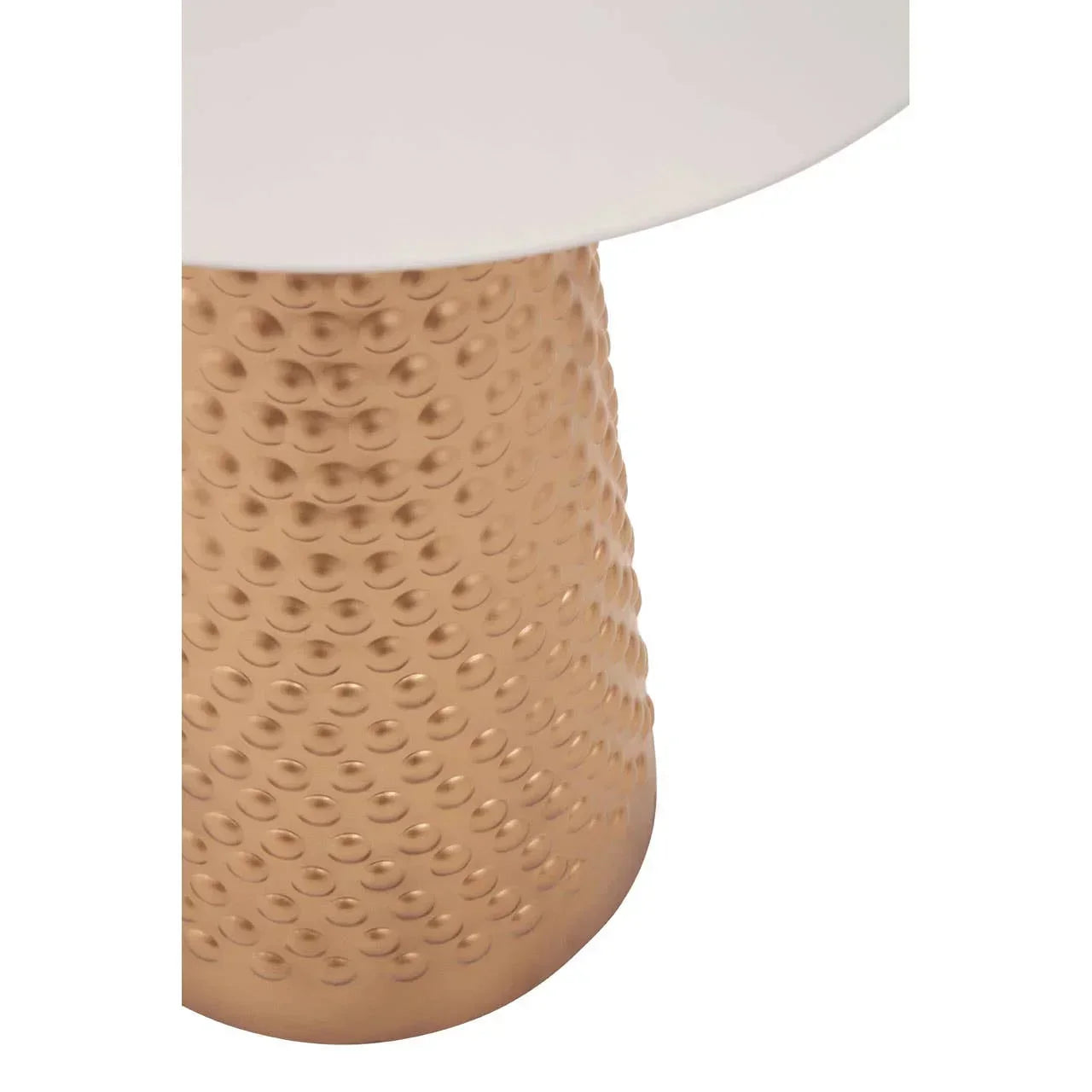 Round side table with white top and hammered gold metal base