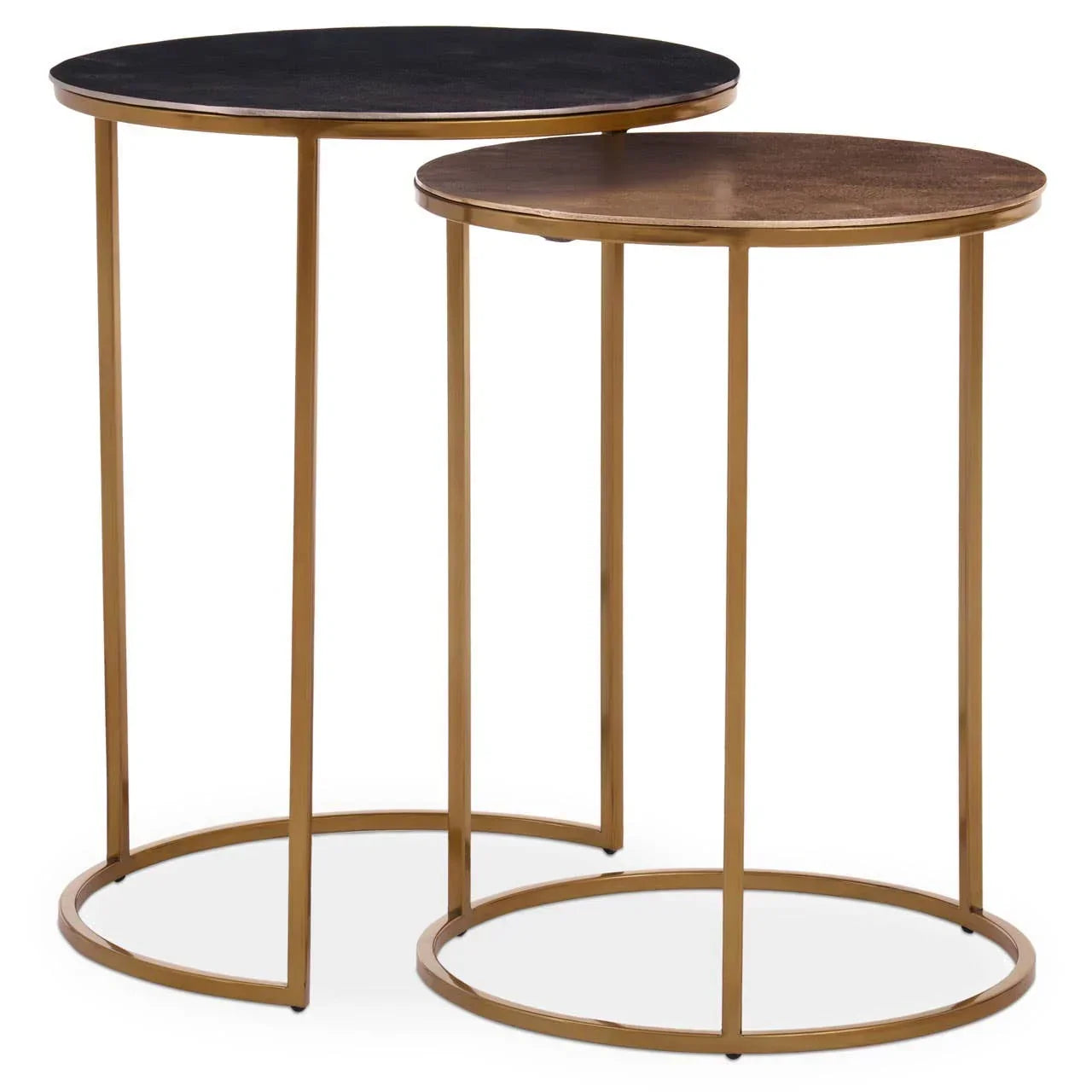 Set of two round nesting side tables with gold metal frames and black and brown tabletops