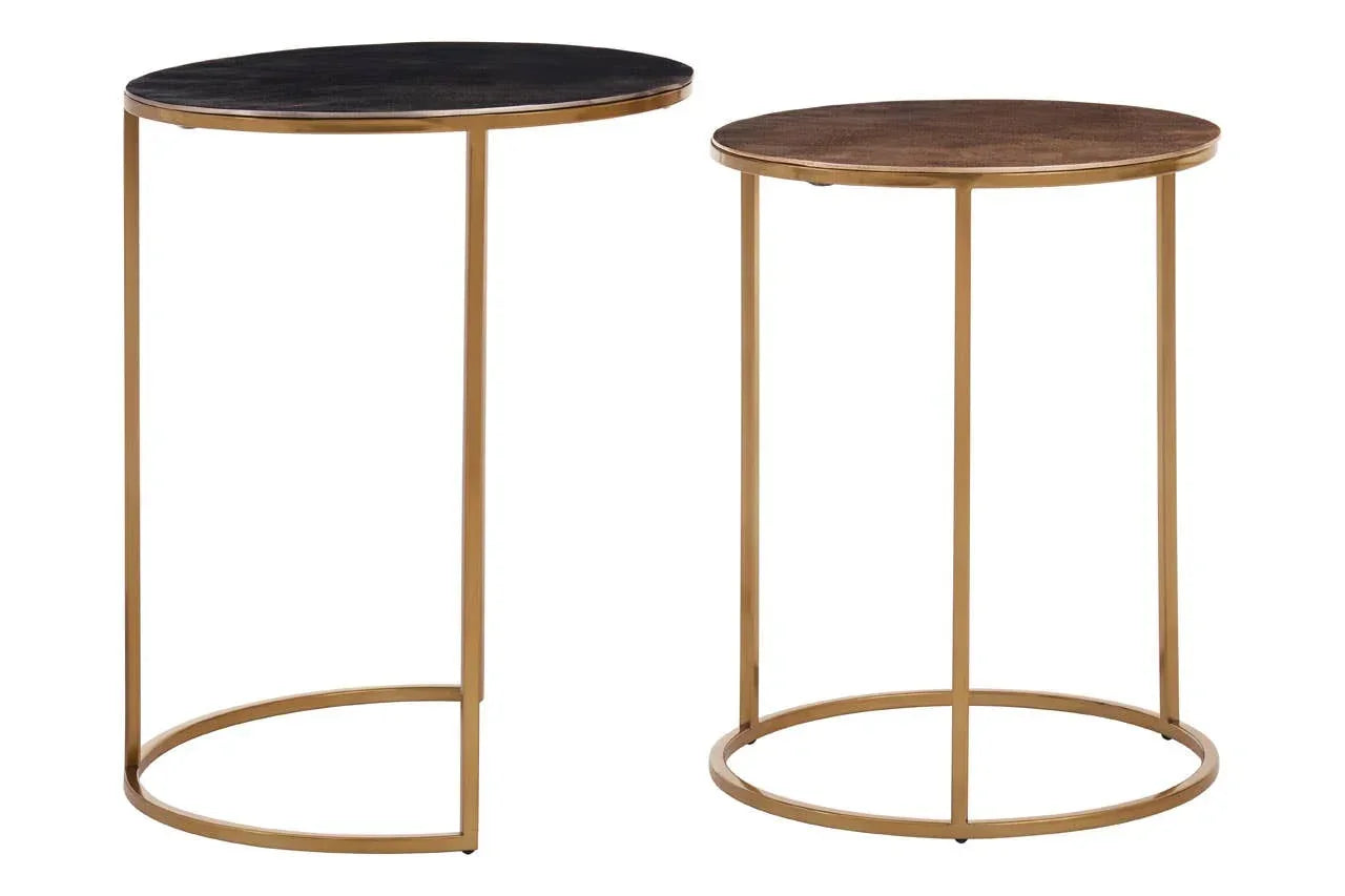 Set of two round side tables with gold metal frames and dark wood tops