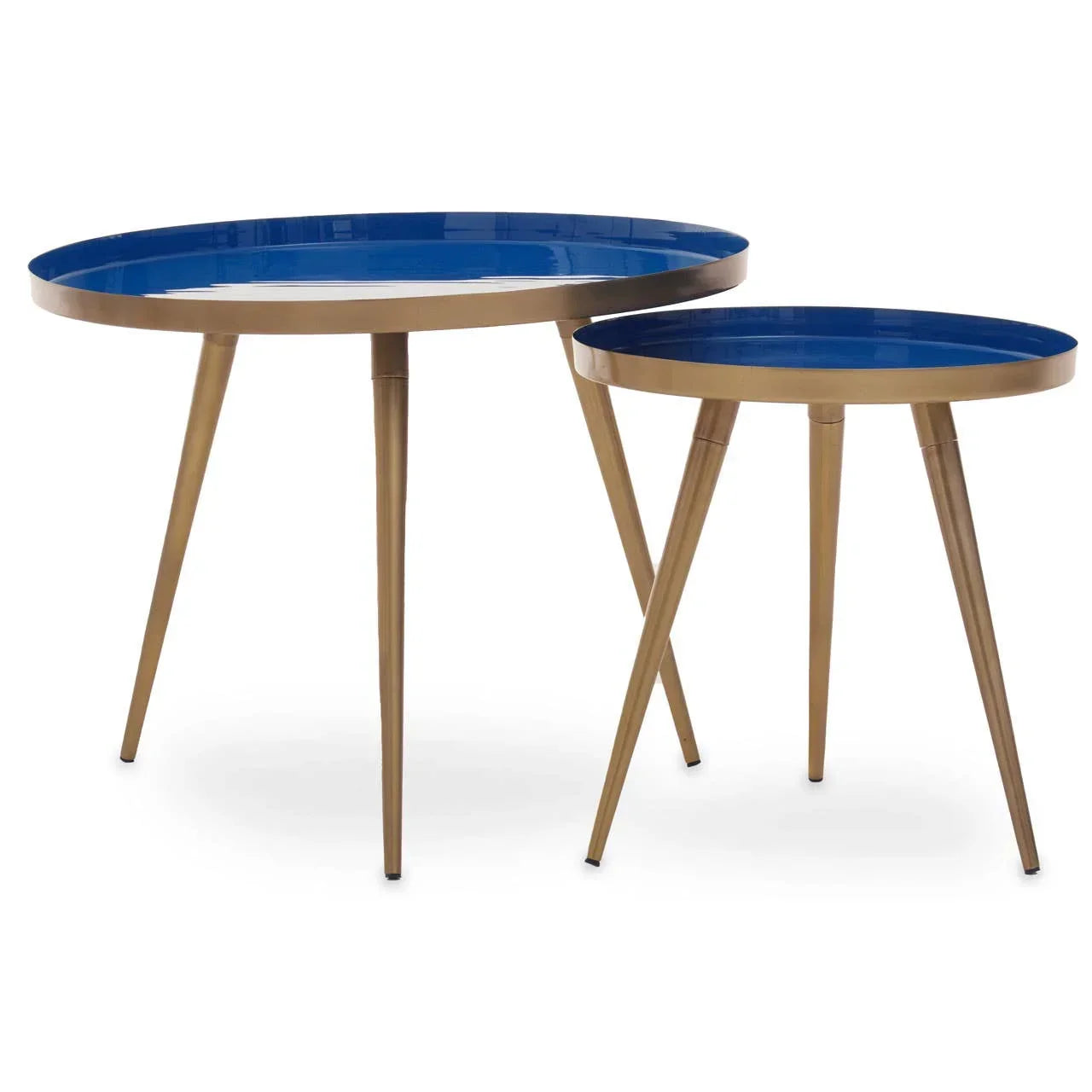 Set of two round blue and gold accent tables with slim metal legs