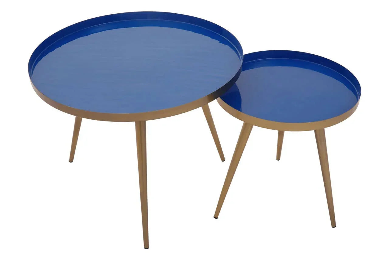 Set of two round blue metal nesting tables with gold legs, modern living room furniture