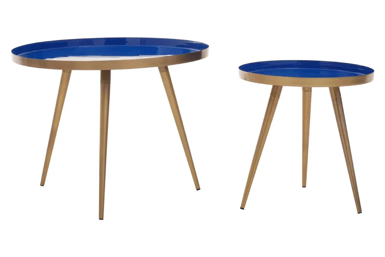 Set of two round side tables with blue trays and gold metal legs