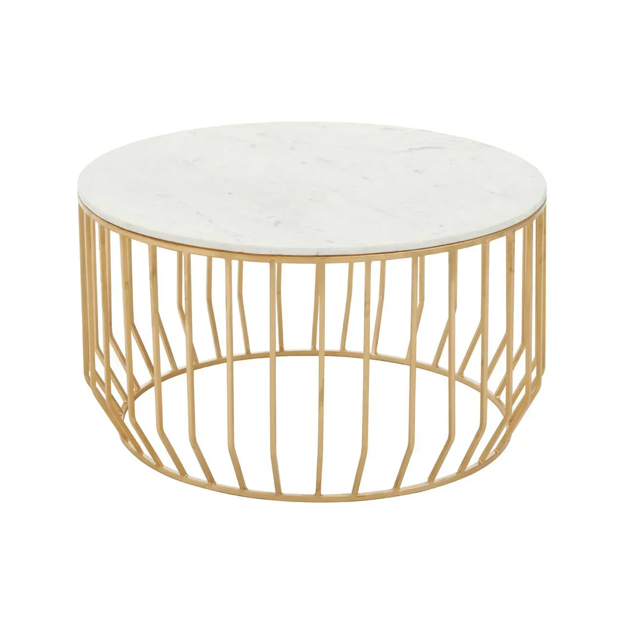 Round marble coffee table with gold metal base, modern open-frame design