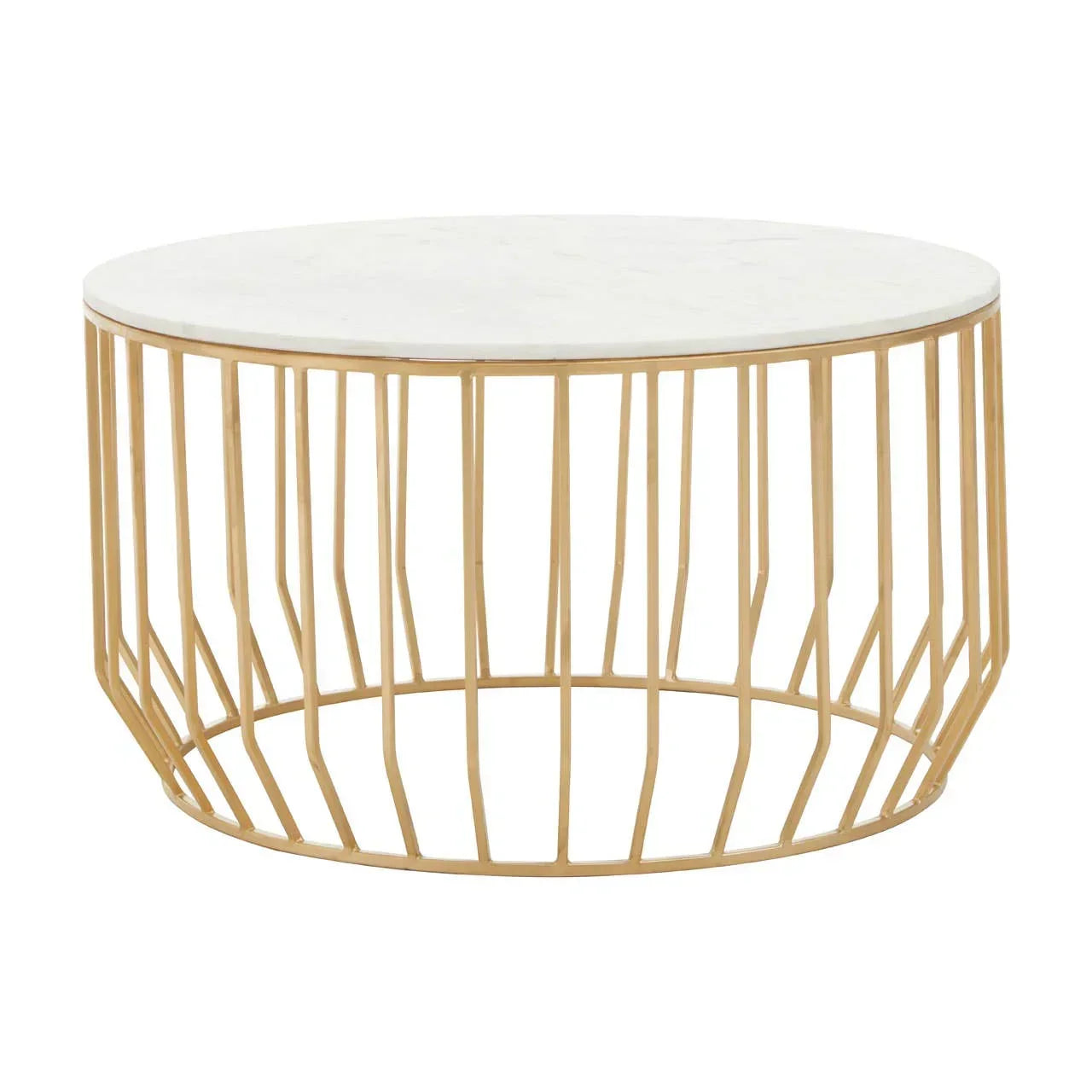 Round marble coffee table with gold metal frame, modern cage base design