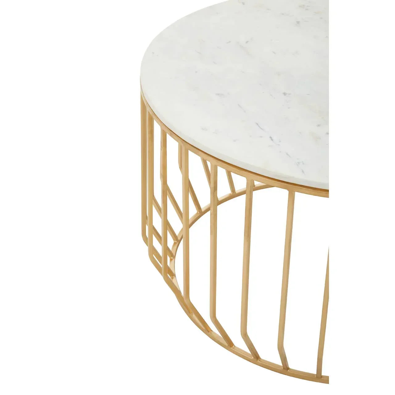 Round coffee table with white marble top and gold metal geometric base, close-up view