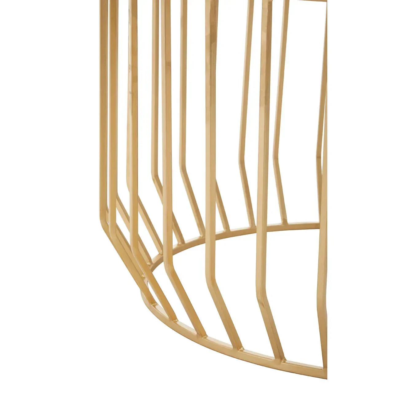 Gold metal table base with vertical bars and geometric design