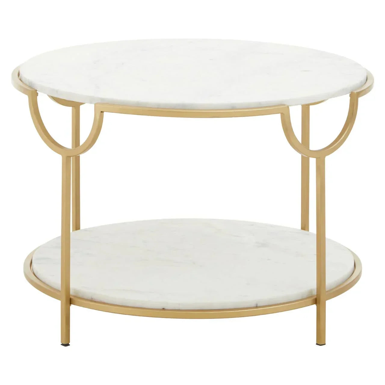 Round marble coffee table with gold metal frame and lower shelf