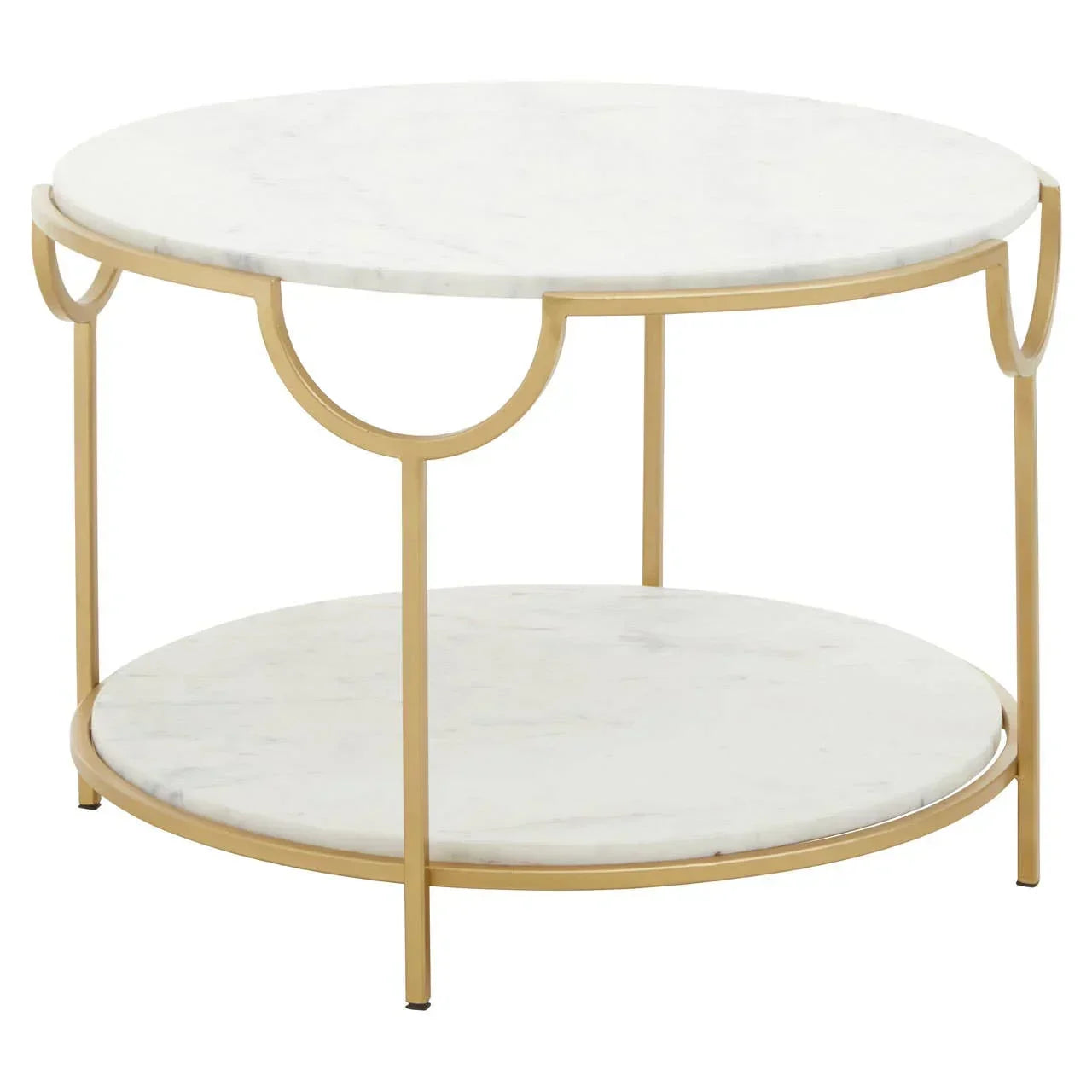 Round marble coffee table with gold metal frame and lower shelf, modern design