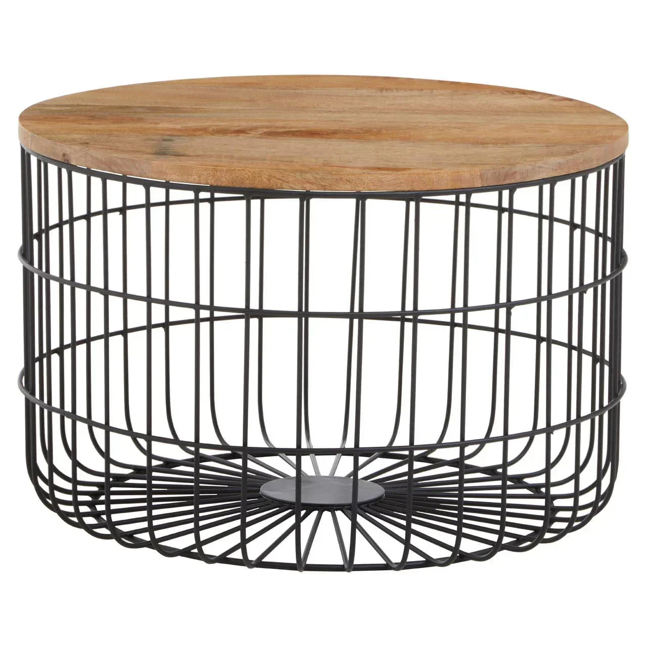 Round coffee table with black metal wire base and natural wood top