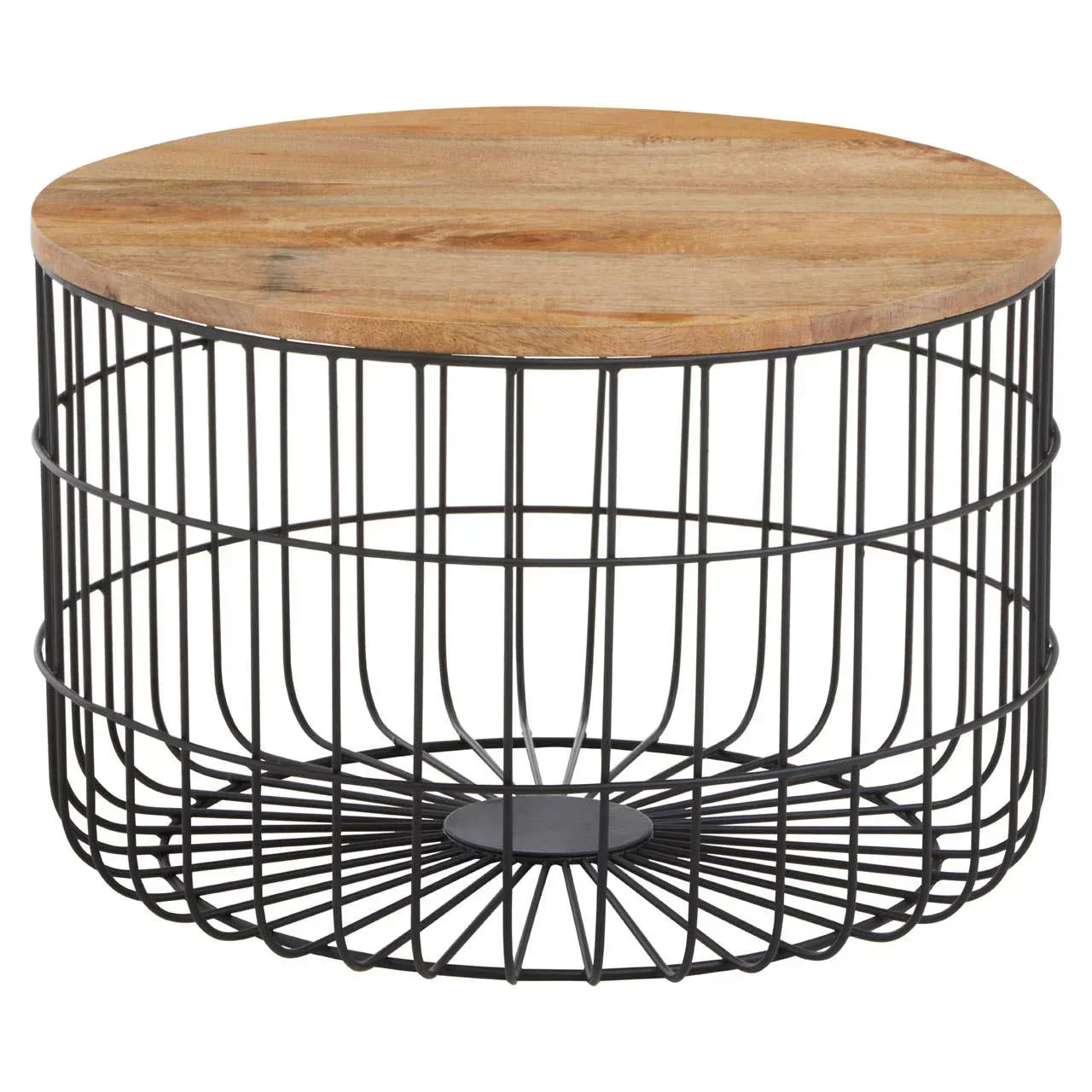 Round coffee table with black wire metal base and natural wood top