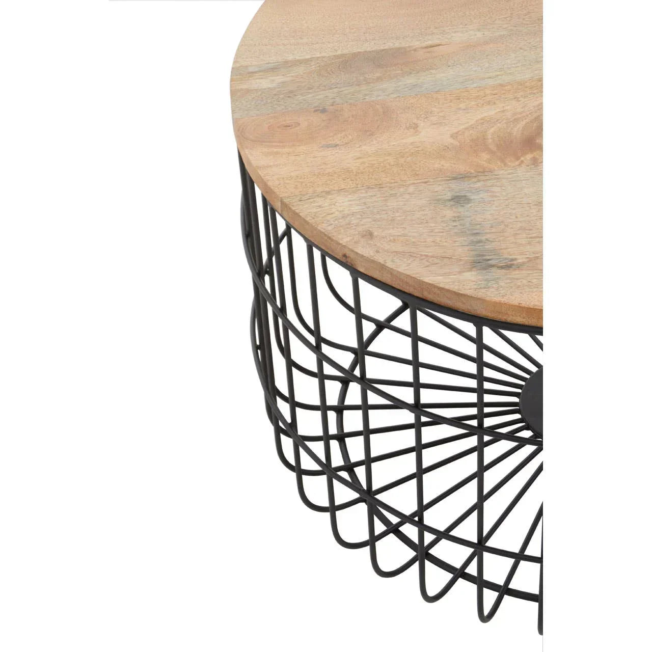 Round coffee table with light wood top and black metal wire base, partial side angle