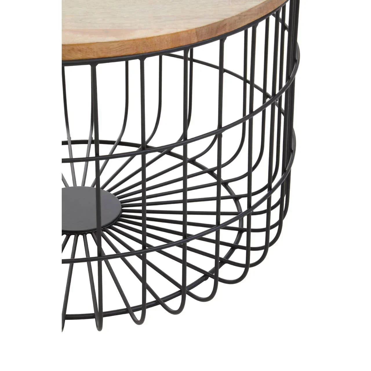 Round coffee table with wooden top and black metal wire frame base