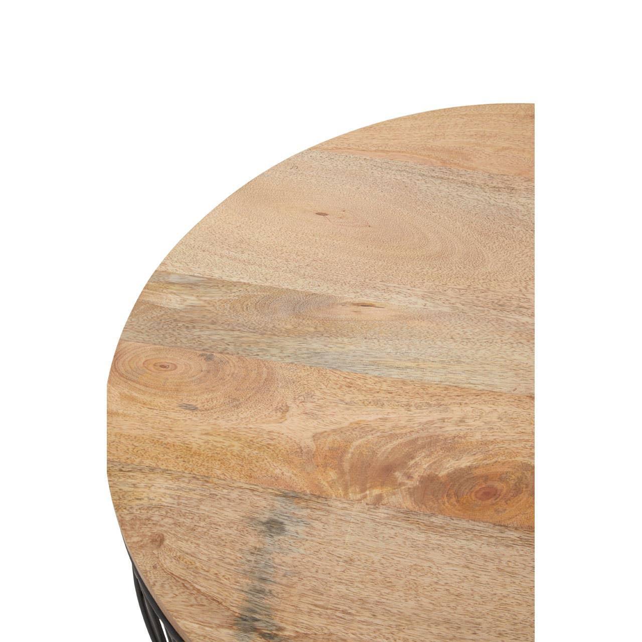 Close up of round natural wood coffee table top with visible grain detail