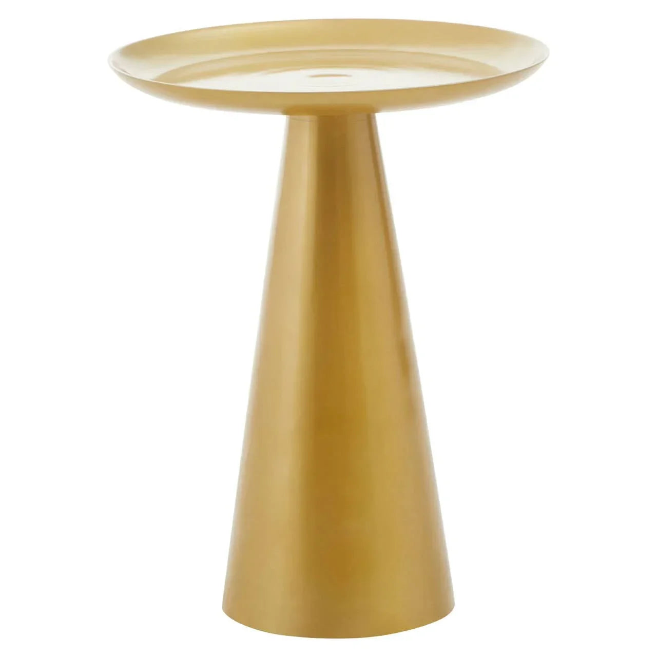Gold metal side table with round top and tapered base