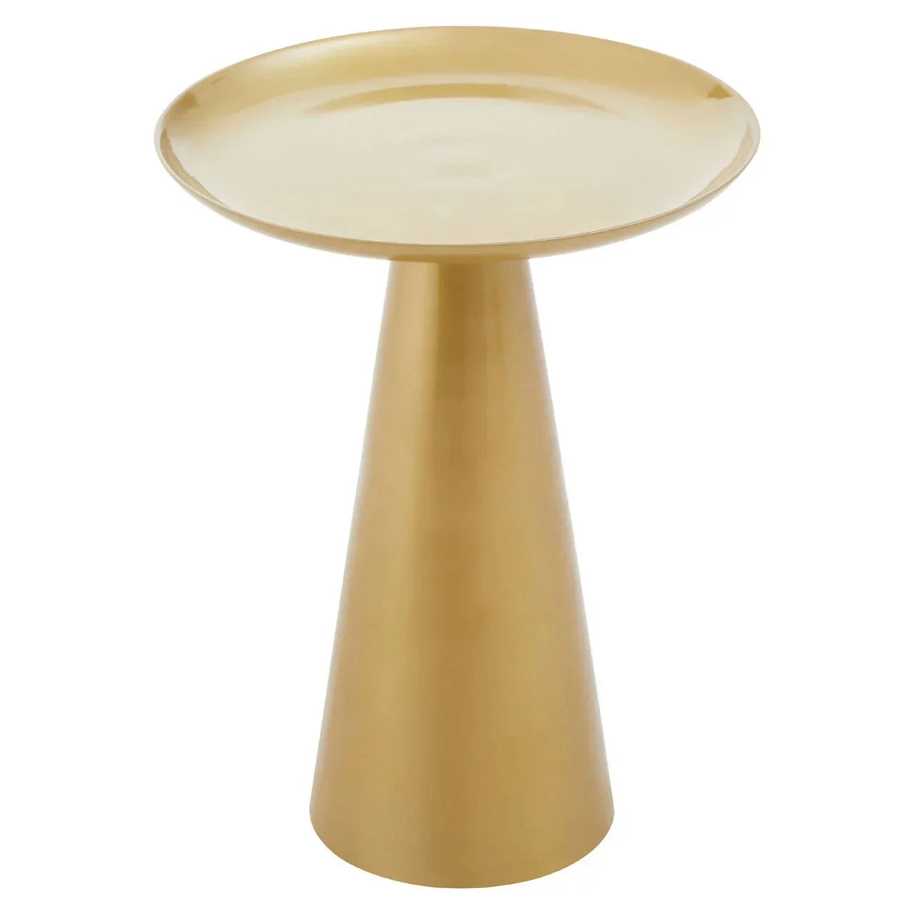 Gold metal side table with round tray top and conical base on white background