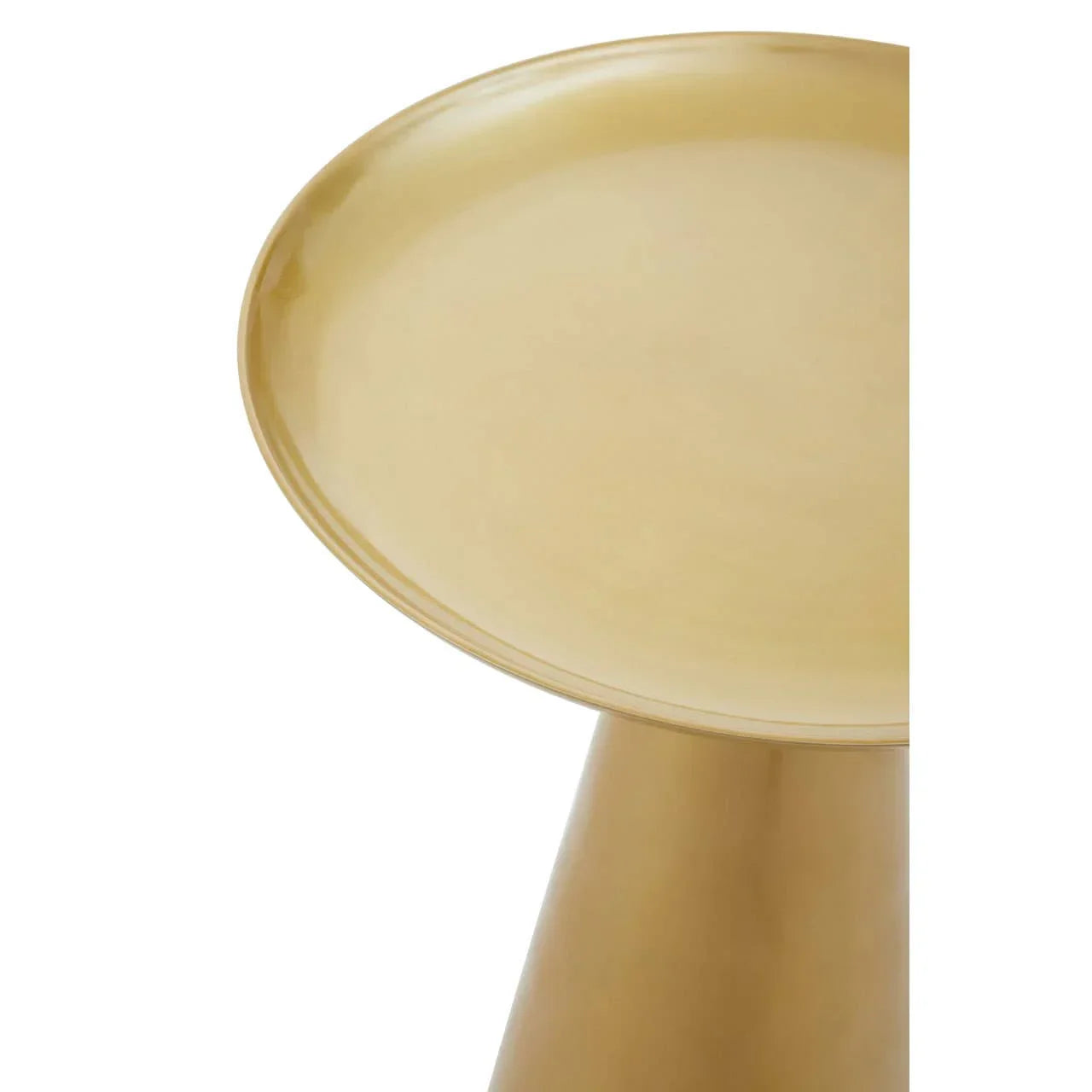 Brushed gold metal side table with round top and conical base, close-up view