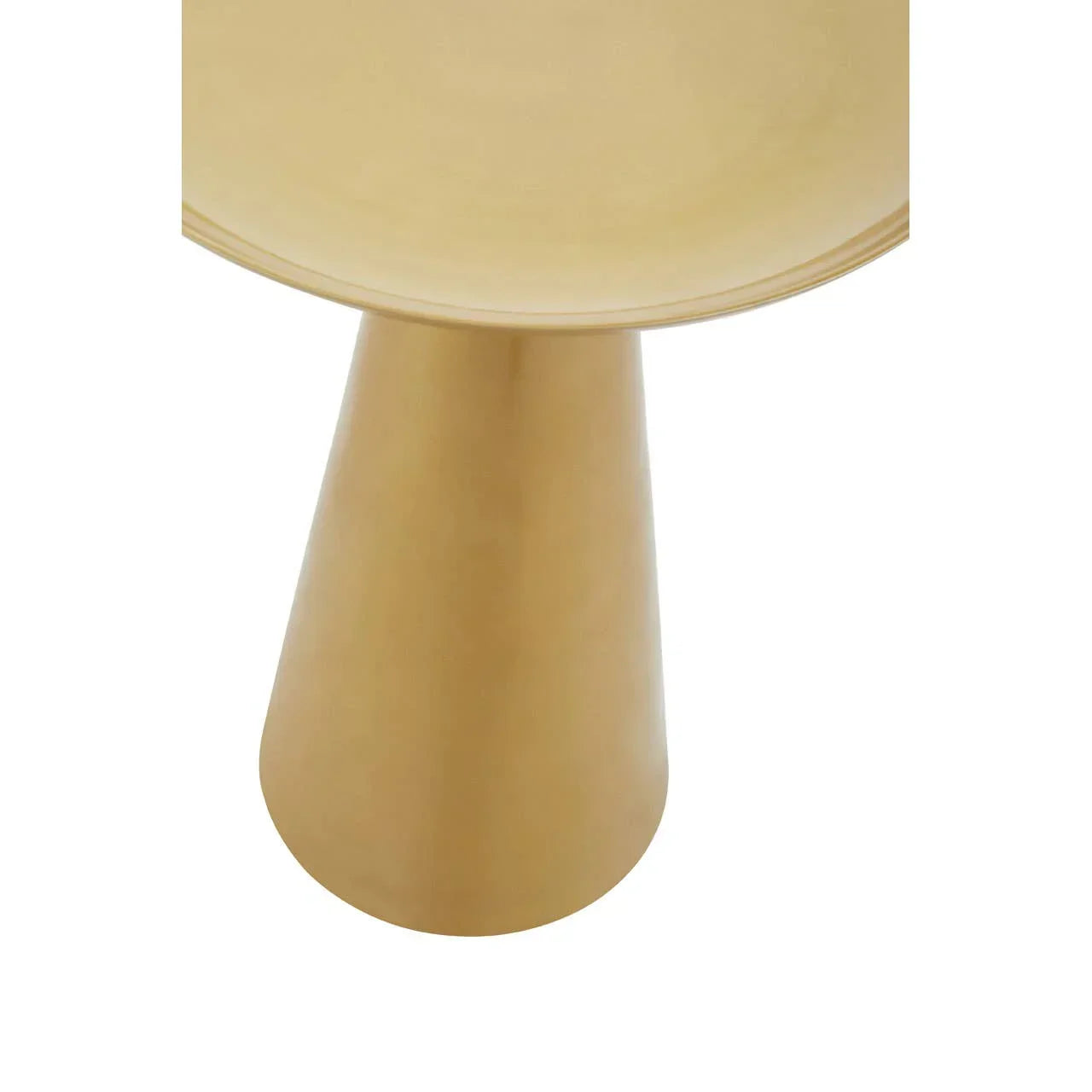 Round gold metal side table with cone base, close-up of smooth tabletop and base