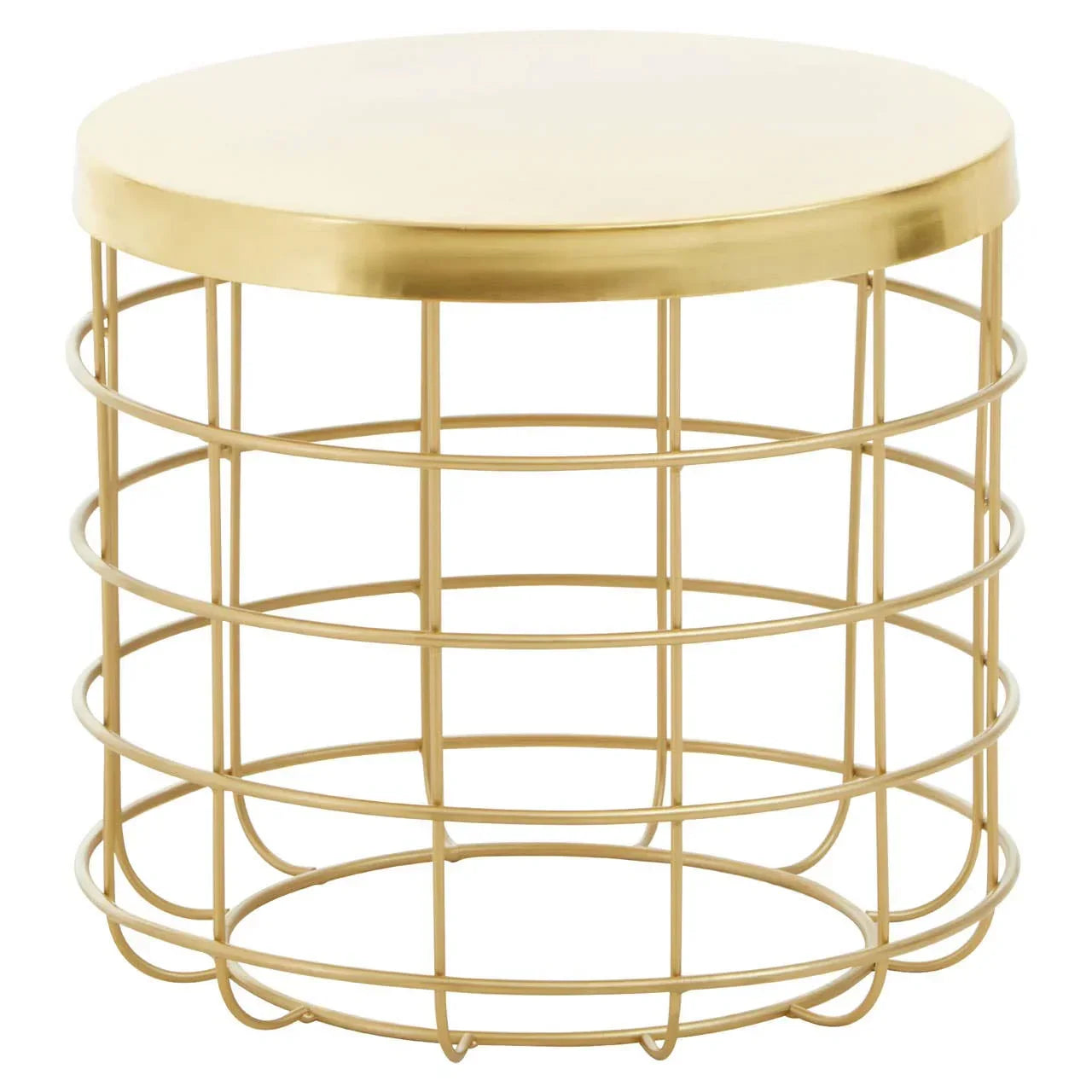 Round gold metal coffee table with wire frame base and solid top