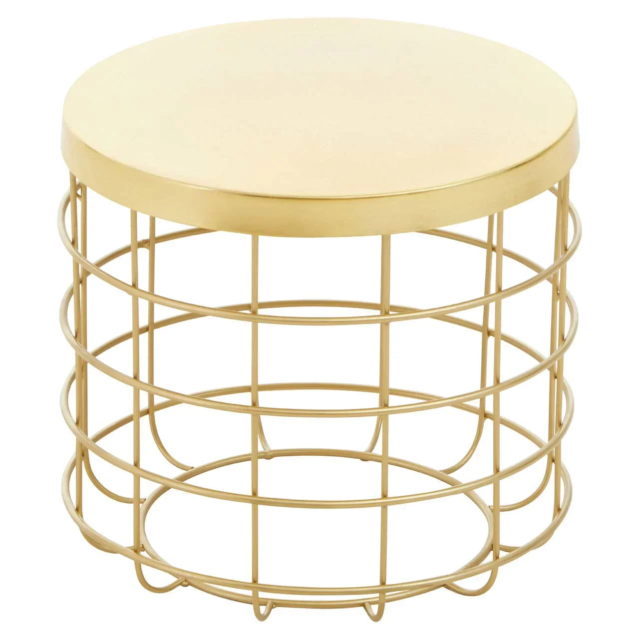 Gold metal side table with round solid top and open wire base, photographed on white background
