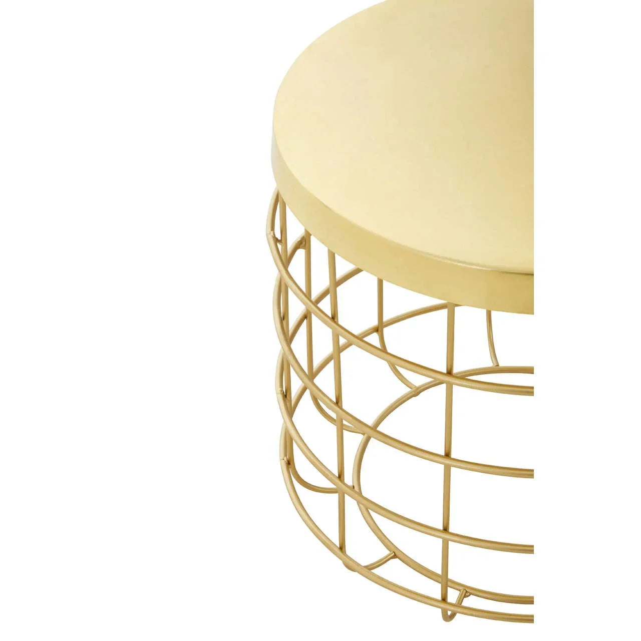 Round gold metal side table with wire frame and solid top, close-up angle