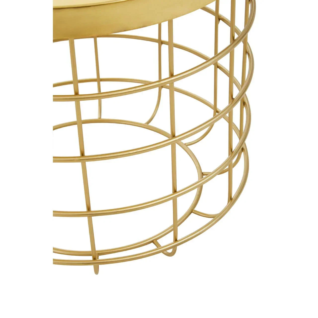 Gold metal wire side table base with circular design, close-up view