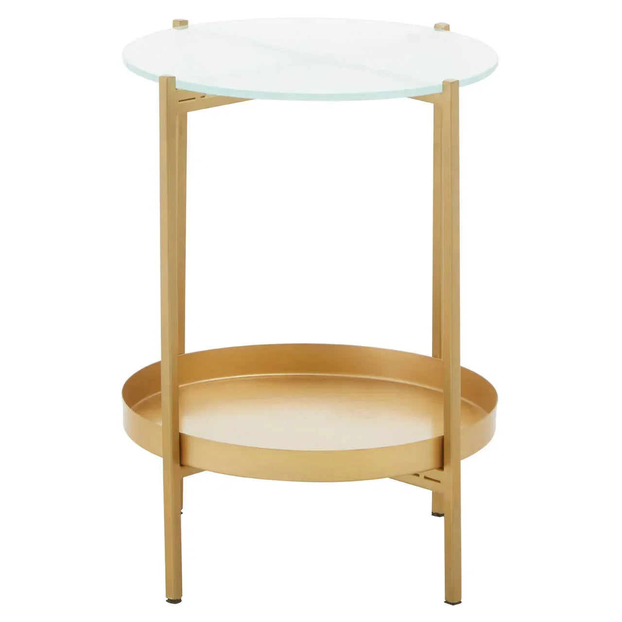 round glass top side table with gold metal frame and lower shelf