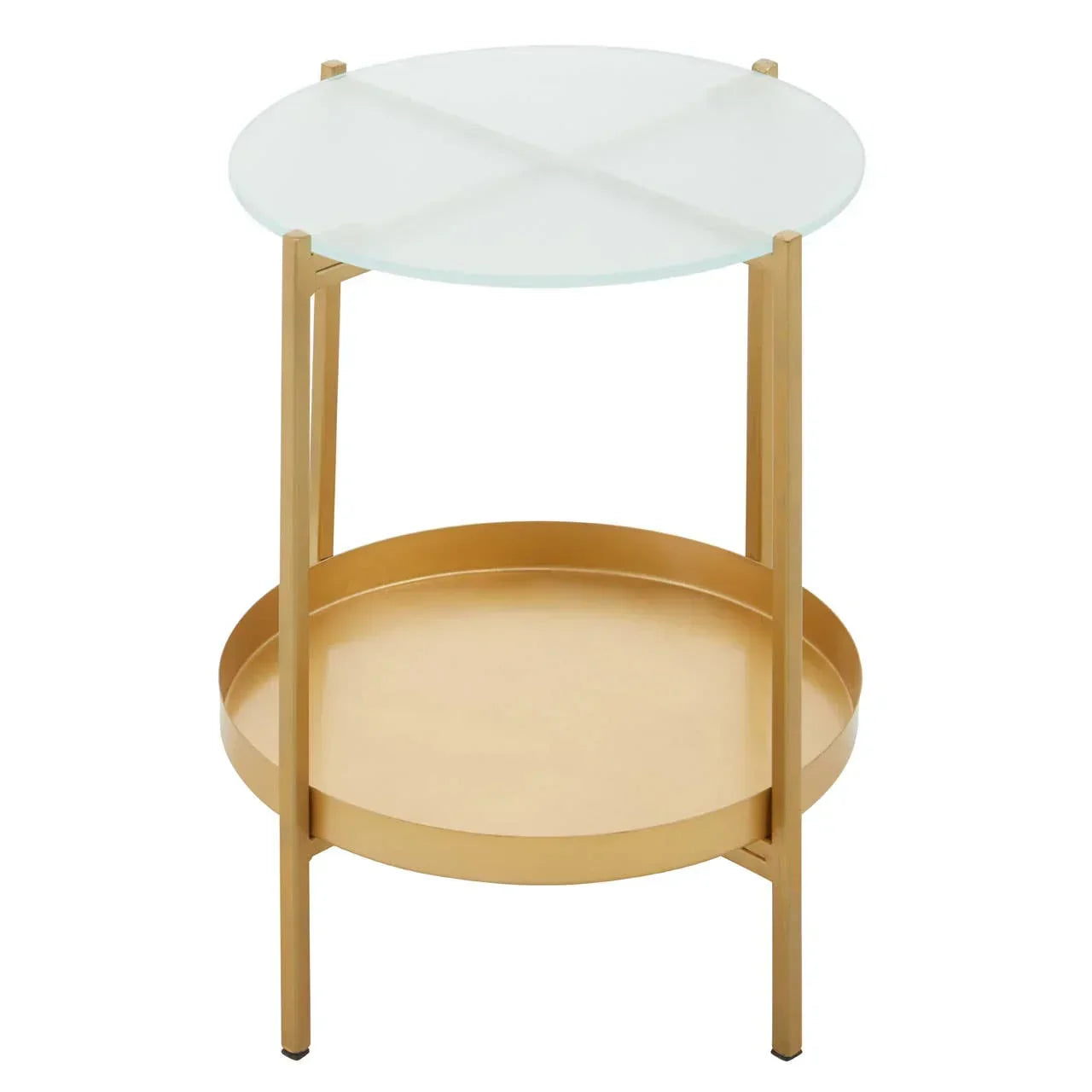 Round gold side table with glass top and lower metal tray shelf