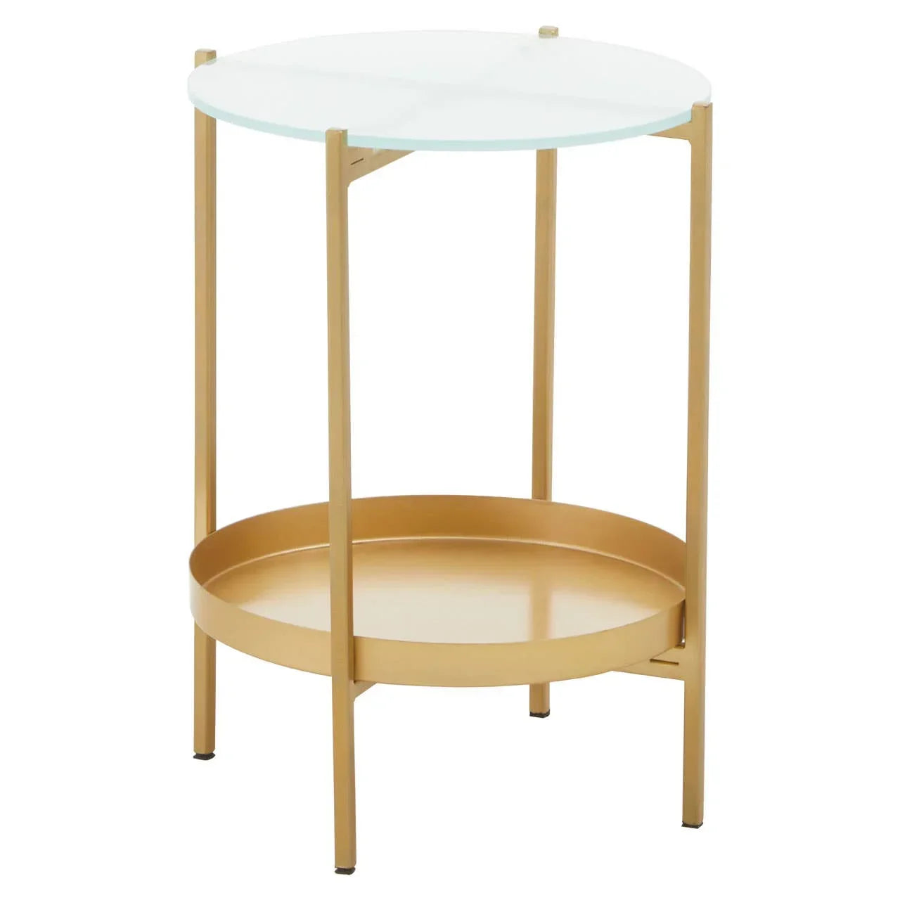 Round glass top side table with gold metal frame and lower tray shelf