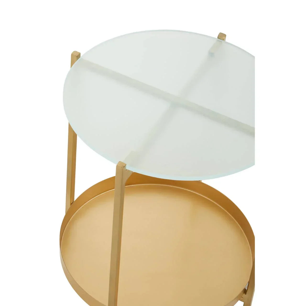Round gold metal side table with frosted glass top and lower shelf, angled view