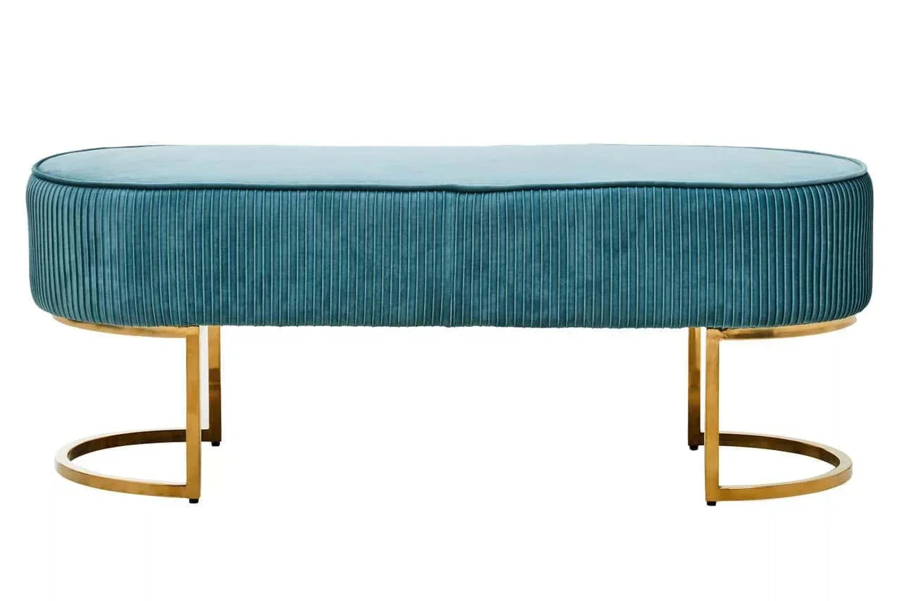 Teal velvet bench with gold metal legs and ribbed upholstery, front view