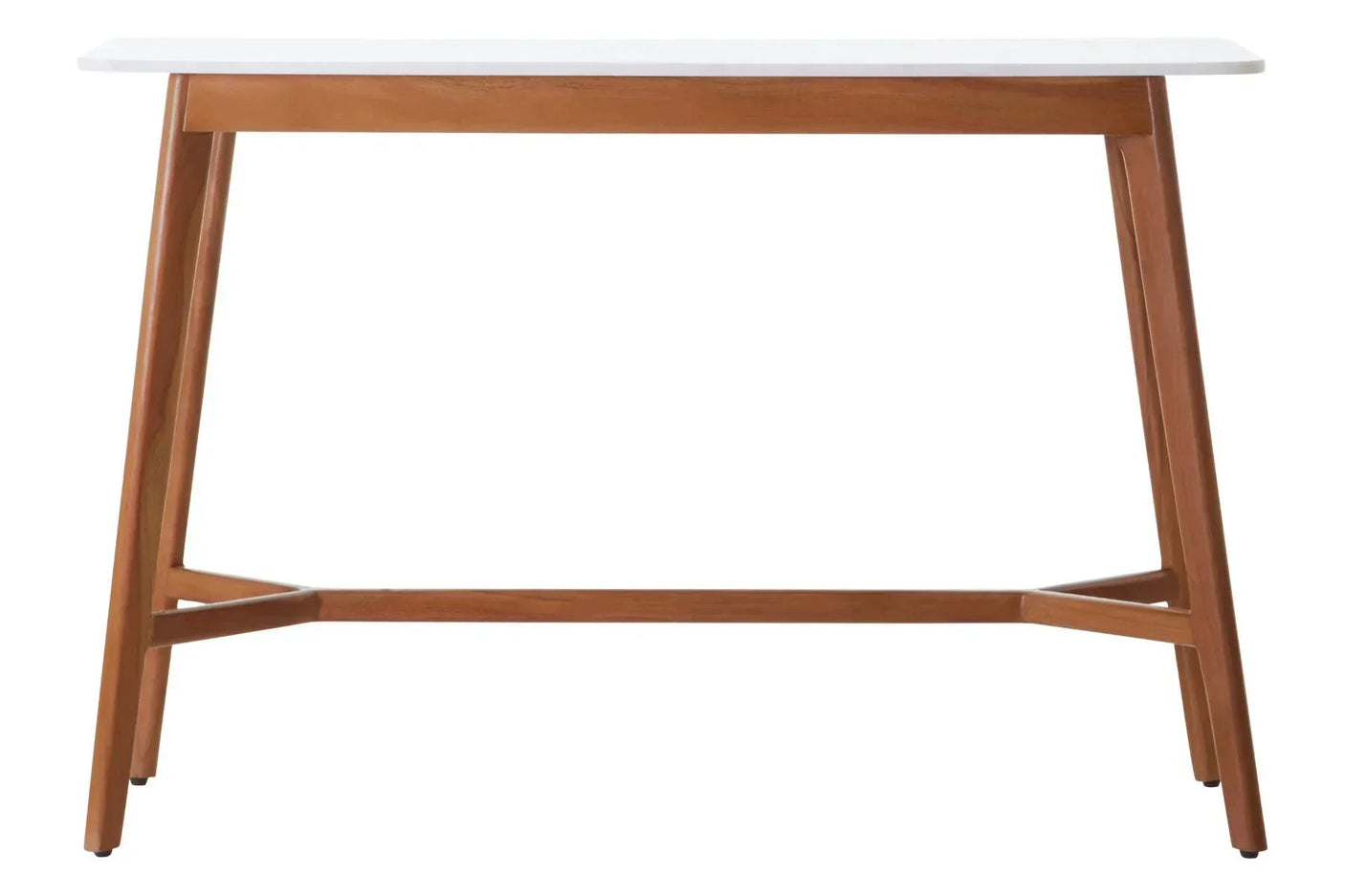 Rectangular dining table with white top and solid wood legs, front view