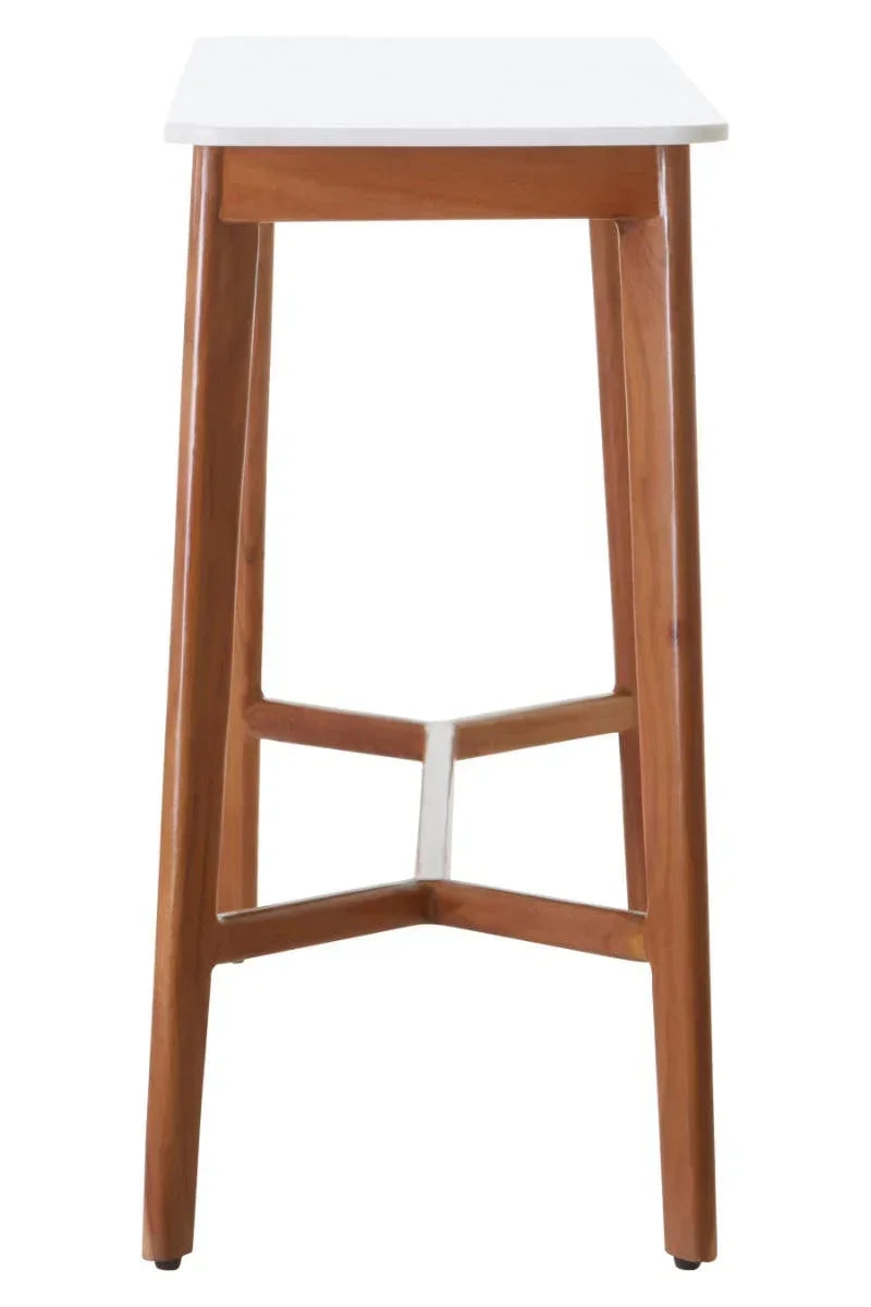 White top wooden bar stool with angled legs and cross support shown from the front