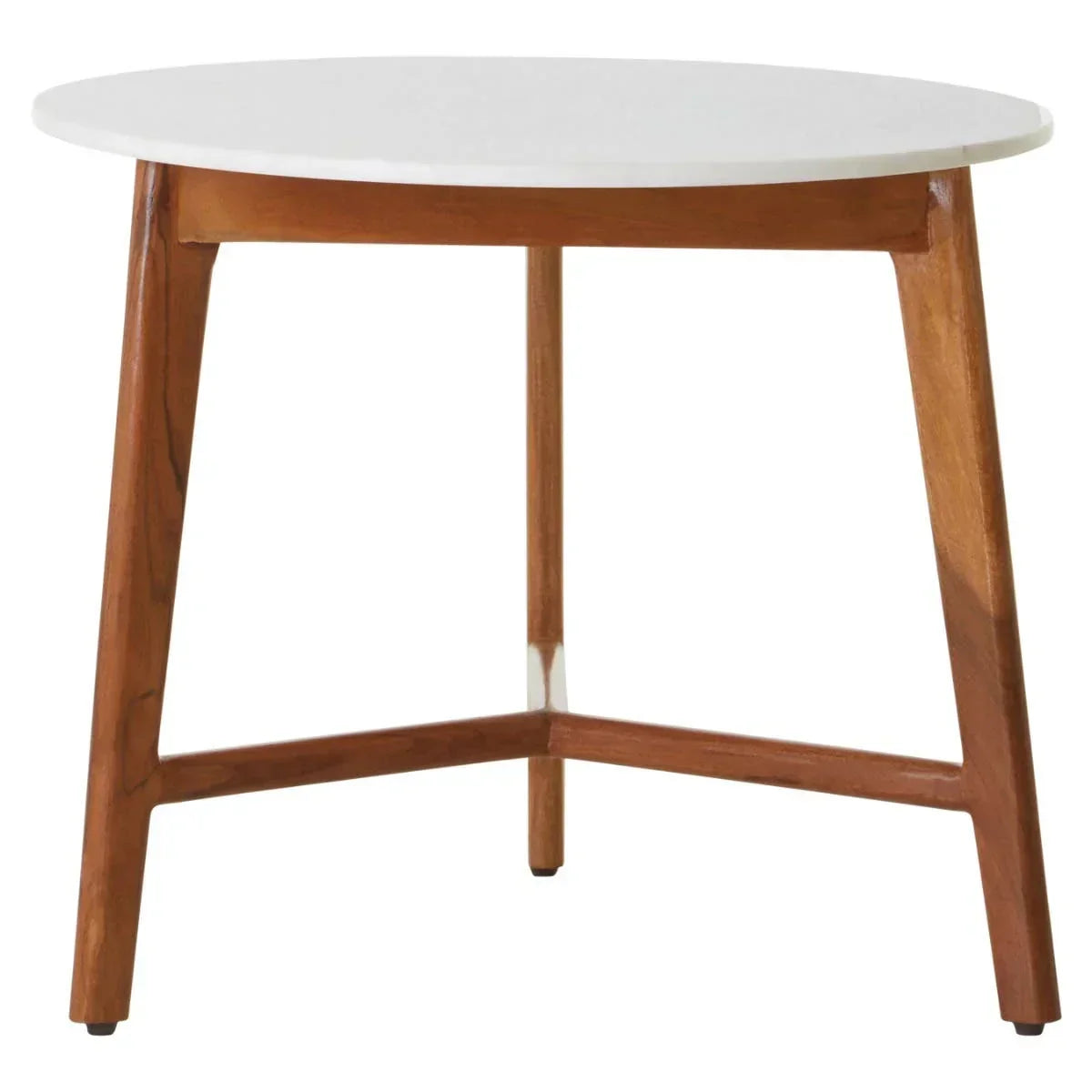 Round white coffee table with wooden legs and minimalist design