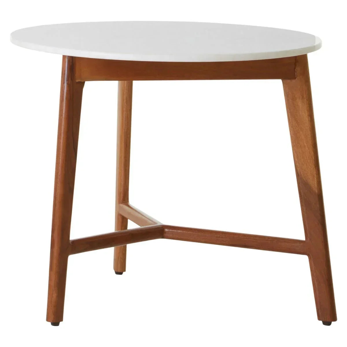 Round side table with white top and angled wooden legs